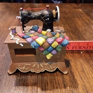 Vintage Sewing Machine Music Box with Colorful Quilt
